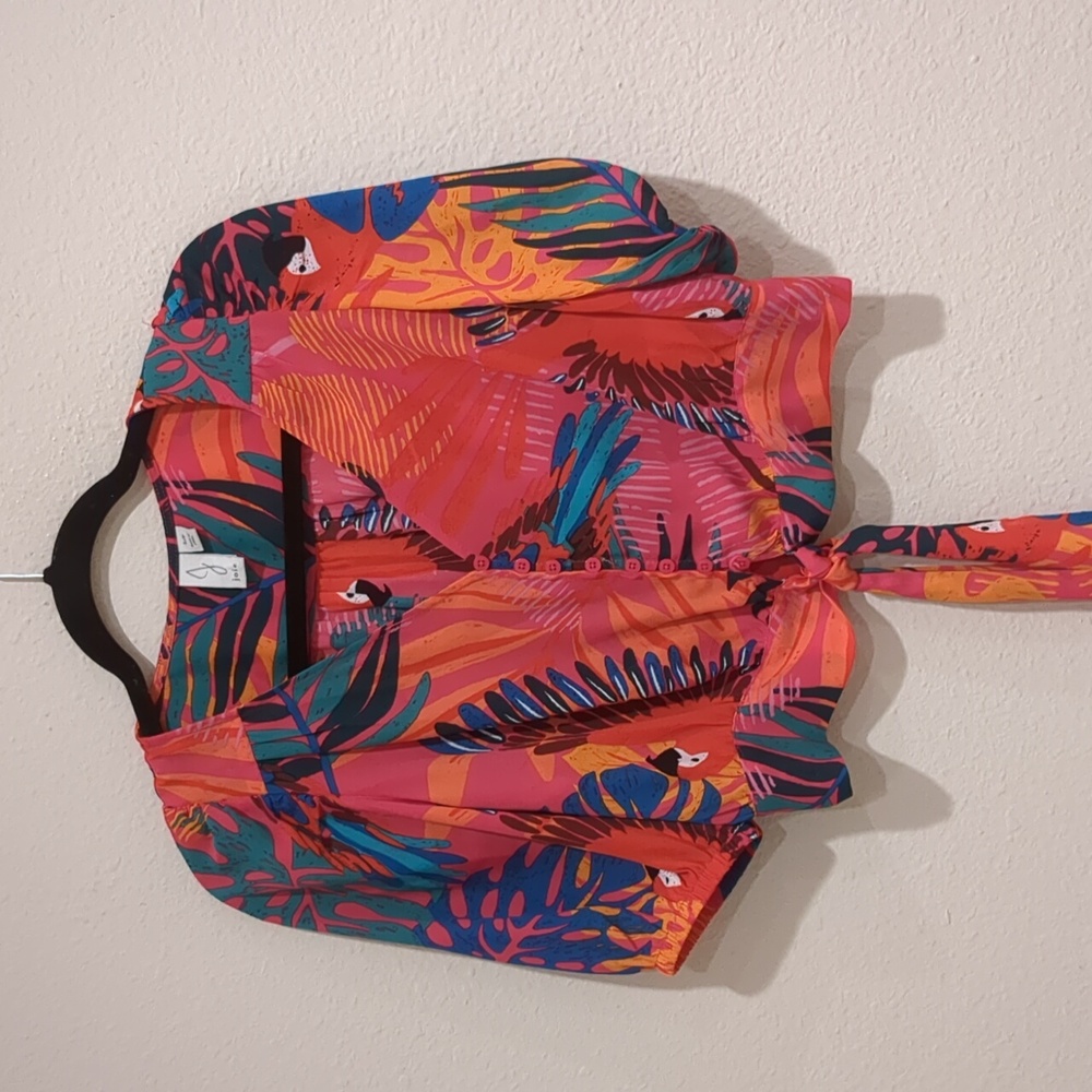 Joie Tropical Print Tie-Front Blouse in Pink, Teal & Orange Parrots Foliage Crop